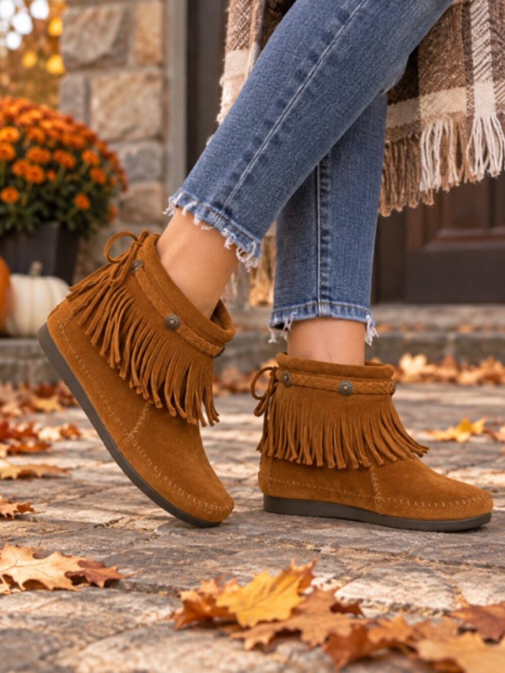 Minnetonka Women’s Fringe Suede Moccasin Ankle Boots Brown Size 9 Boho Western
